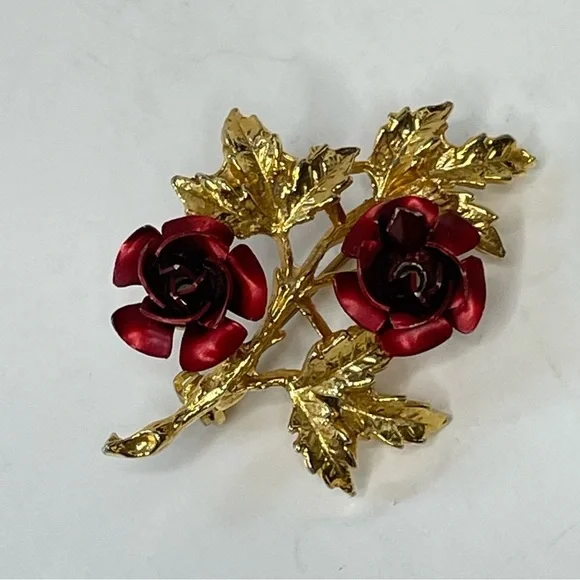 Red Roses Gold Tone Branch Brooch - Picture 6 of 7